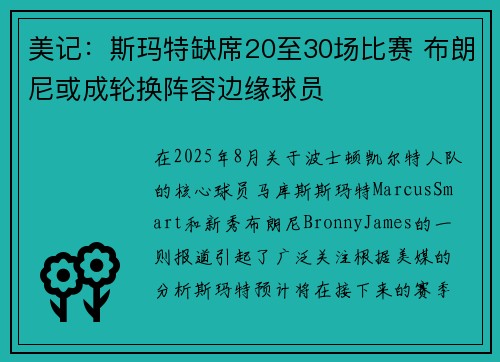 美记：斯玛特缺席20至30场比赛 布朗尼或成轮换阵容边缘球员